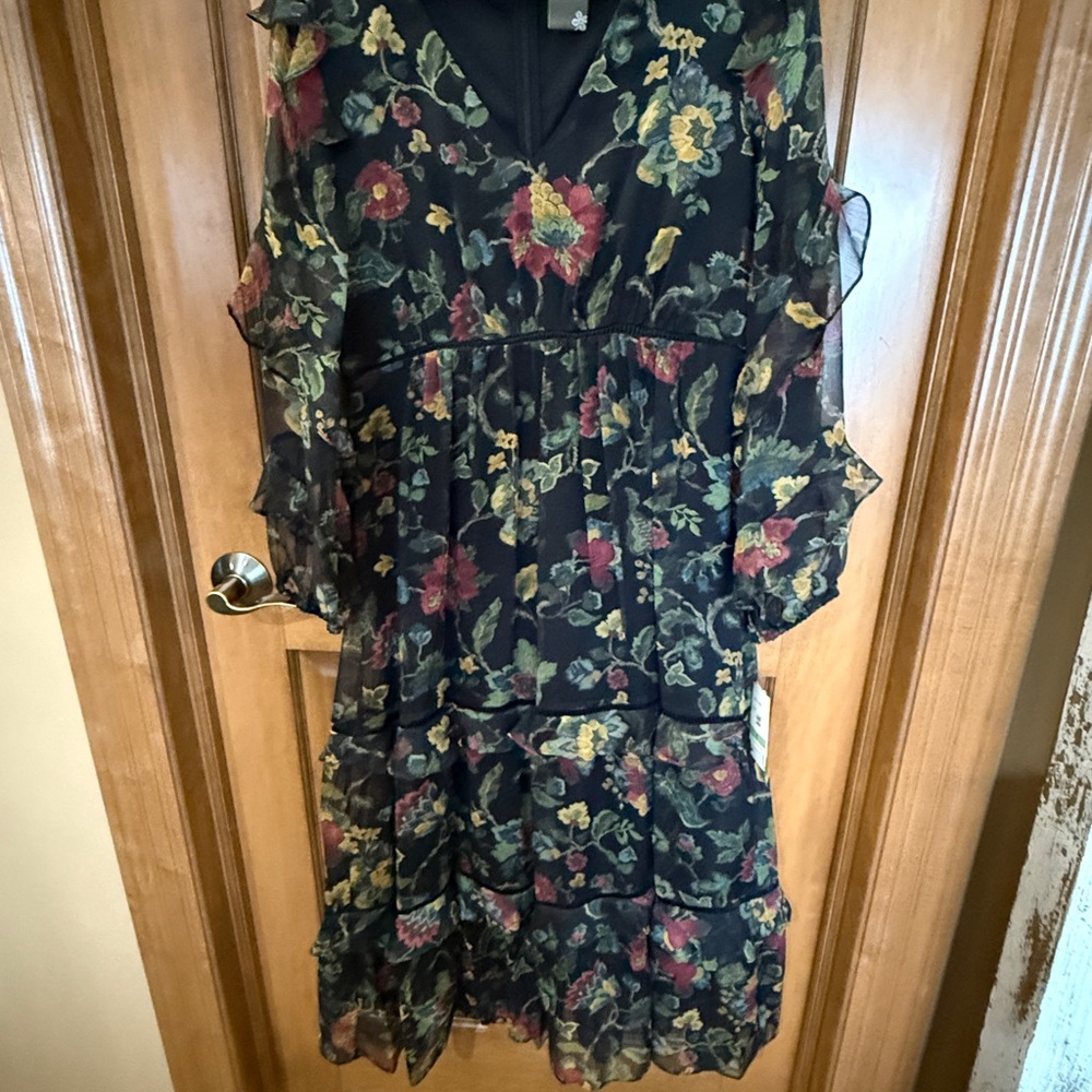 Macy's Black Floral Ruffle Dress with Red and Yellow Accents size 8 NWT